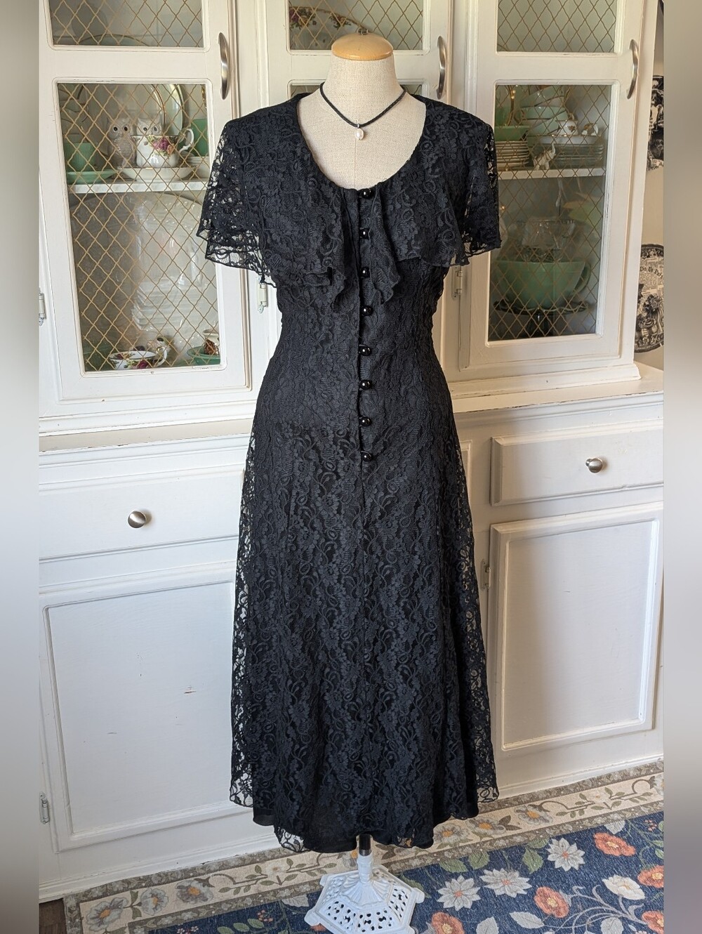 🖤VTG 80s Witchy Whimsygoth Black Lace Corset Midi Dress Button Front Grunge